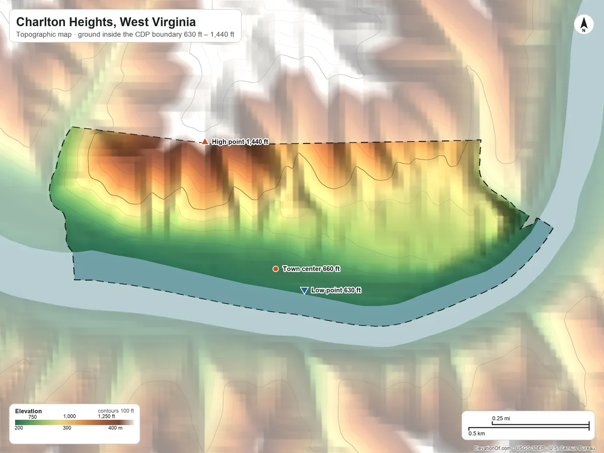 Topographic elevation map of Charlton Heights, West Virginia, shaded from 630 ft near the middle to 1,440 ft on the northwest edge, below higher ground just outside