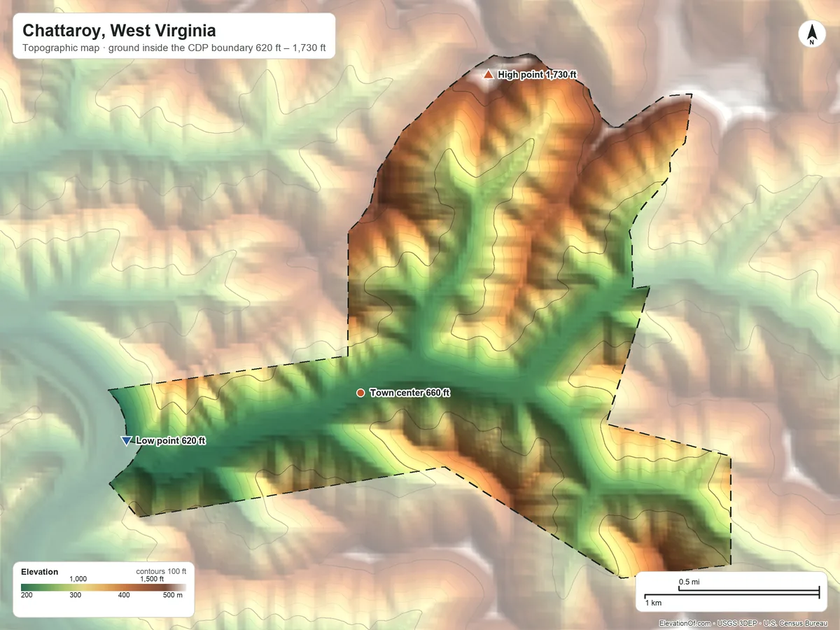 Topographic elevation map of Chattaroy, West Virginia, shaded from 620 ft on the west side to 1,730 ft on the north side