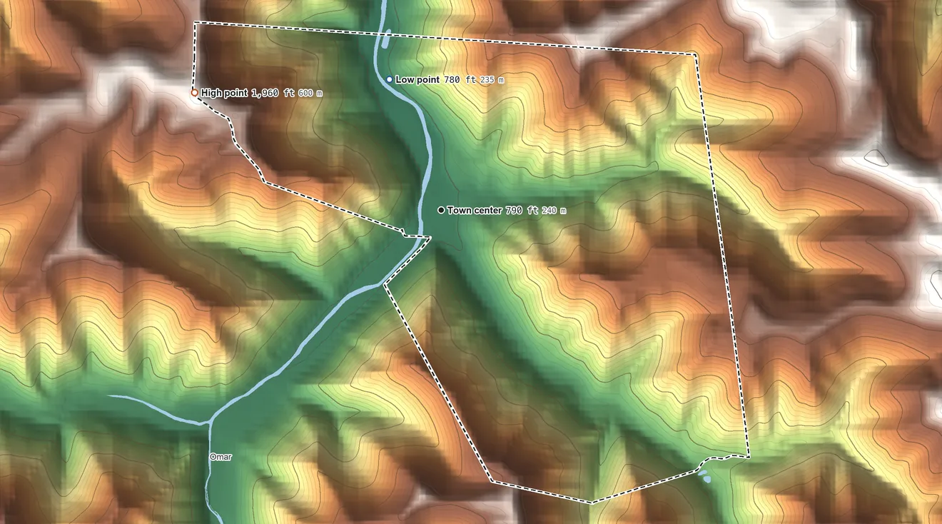 Topographic elevation map of Chauncey, West Virginia, shaded from 780 ft on the north side to 1,960 ft on the northwest side