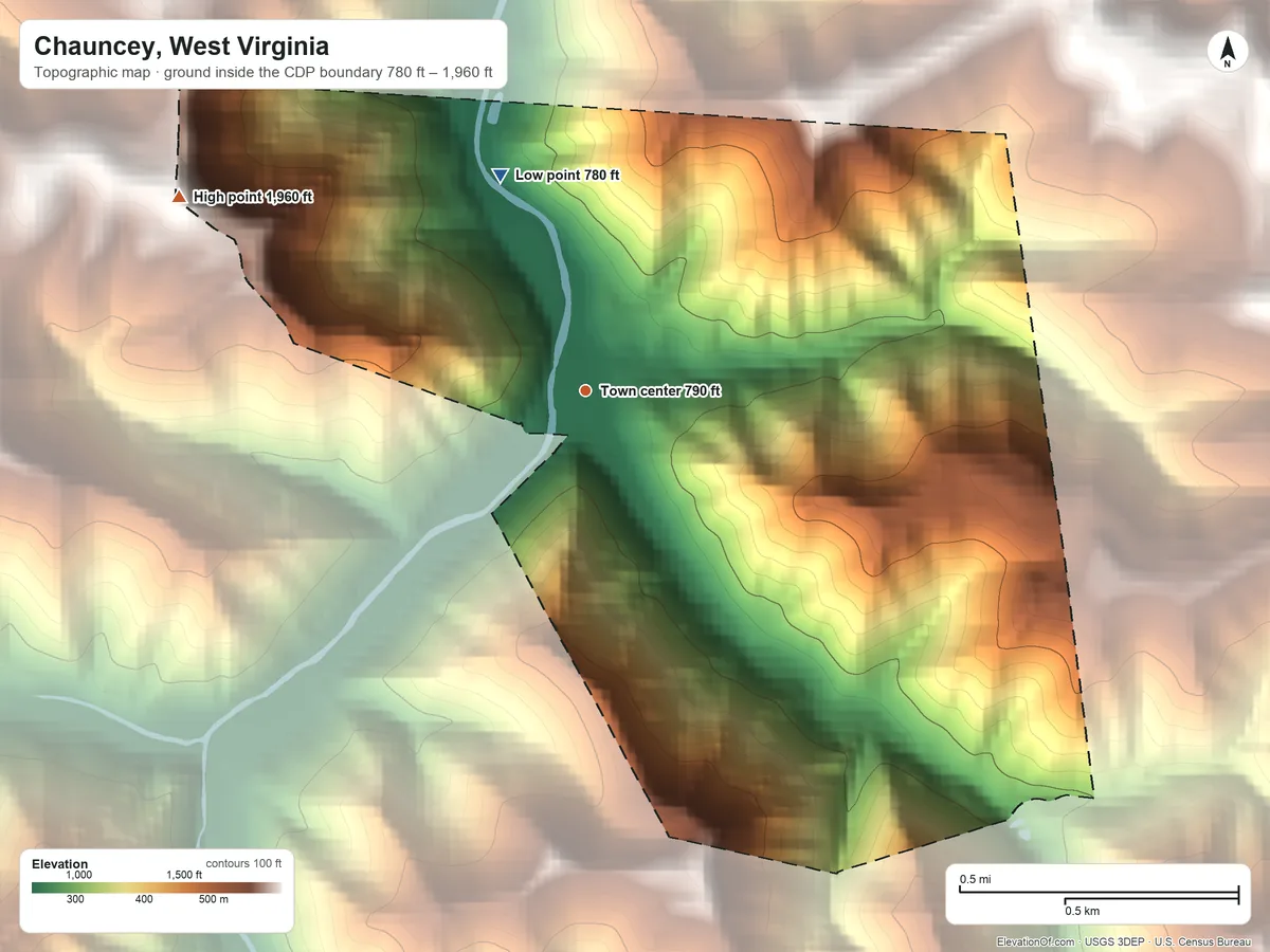 Topographic elevation map of Chauncey, West Virginia, shaded from 780 ft on the north side to 1,960 ft on the northwest side