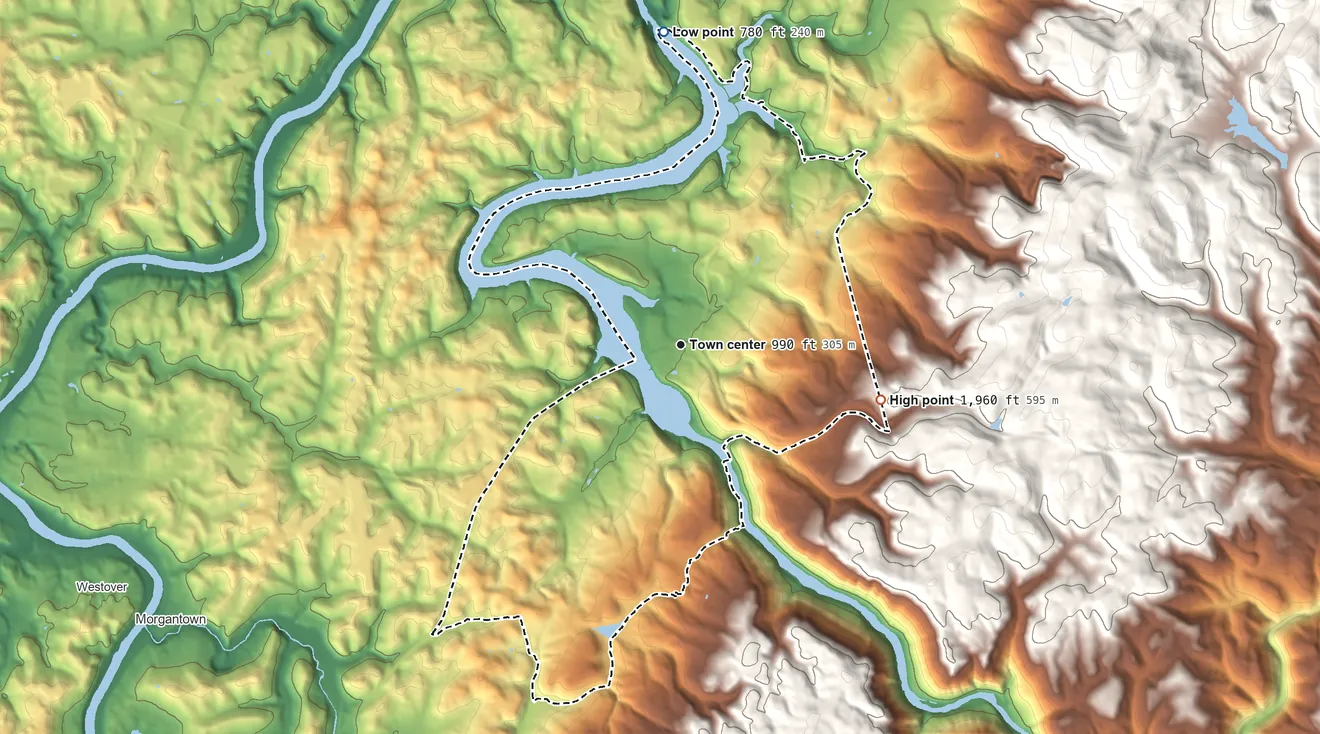 Topographic elevation map of Cheat Lake, West Virginia, shaded from 780 ft on the north side to 1,960 ft on the east edge, below higher ground just outside