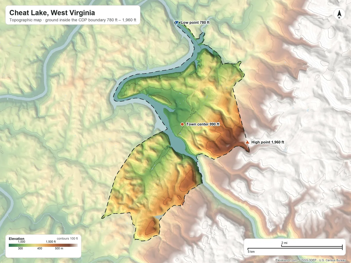 Topographic elevation map of Cheat Lake, West Virginia, shaded from 780 ft on the north side to 1,960 ft on the east edge, below higher ground just outside