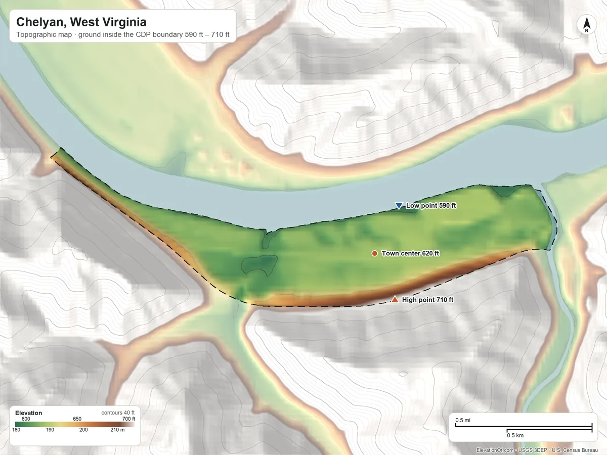 Topographic elevation map of Chelyan, West Virginia, shaded from 590 ft on the northeast side to 710 ft on the southeast edge, below higher ground just outside