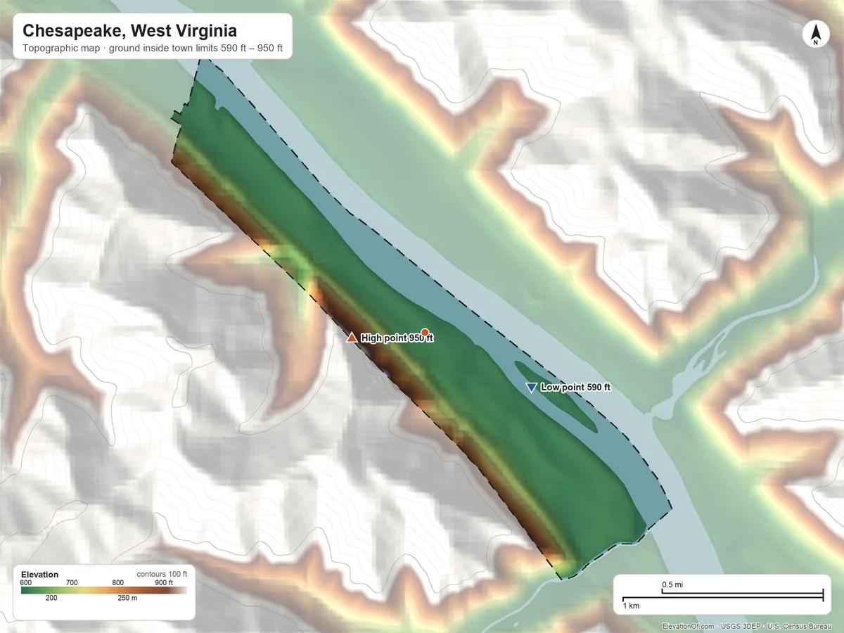 Topographic elevation map of Chesapeake, West Virginia, shaded from 590 ft on the southeast side to 950 ft on the west edge, below higher ground just outside