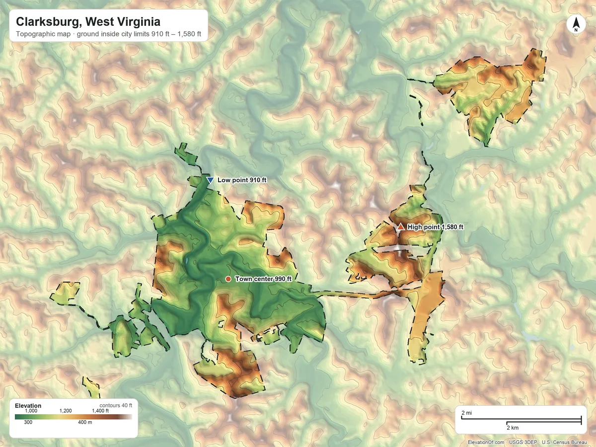 Topographic elevation map of Clarksburg, West Virginia, shaded from 910 ft on the north side to 1,580 ft on the east side