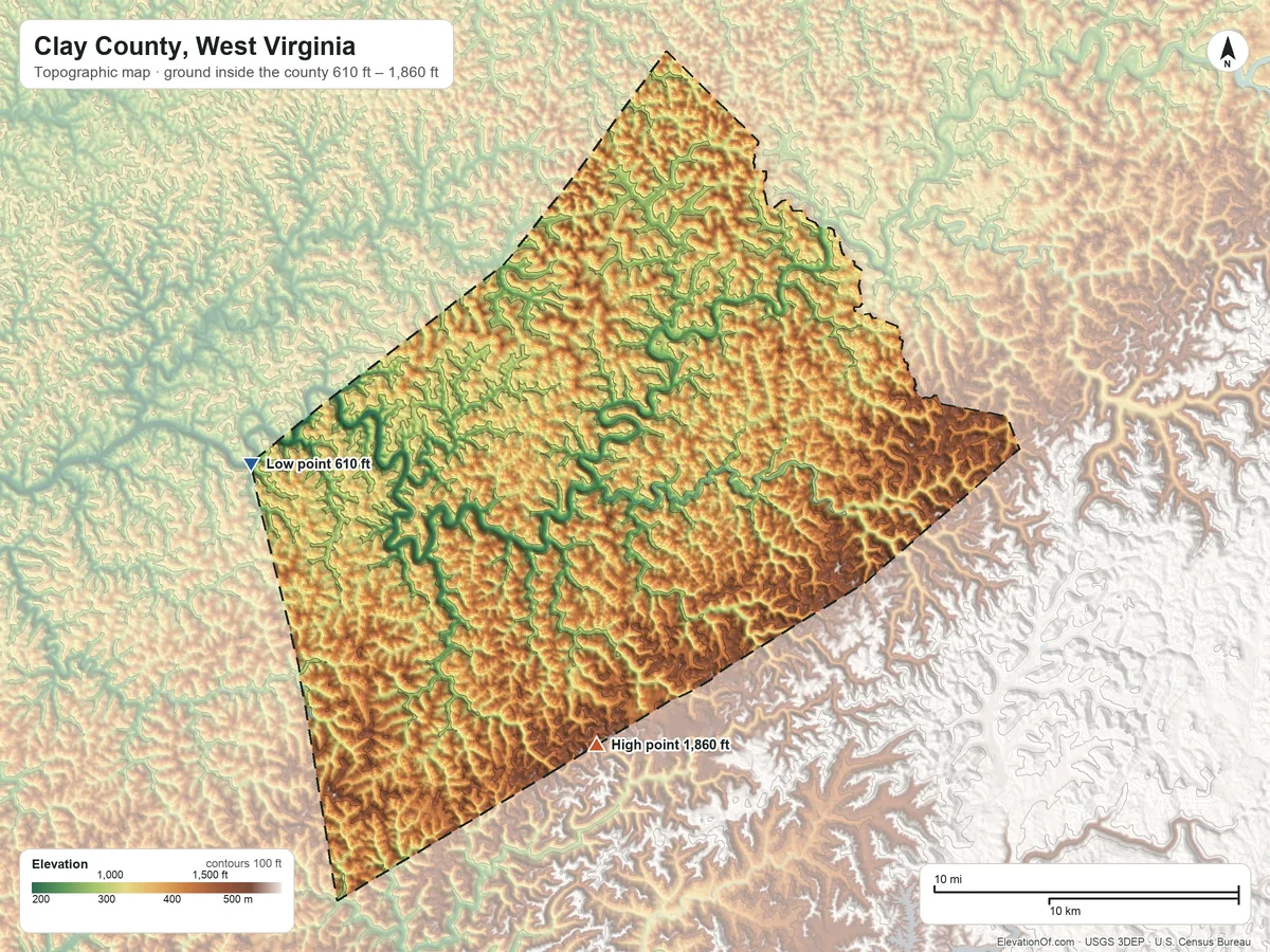 Topographic elevation map of Clay County, West Virginia, shaded from 610 ft on the west side to 1,860 ft on the south side