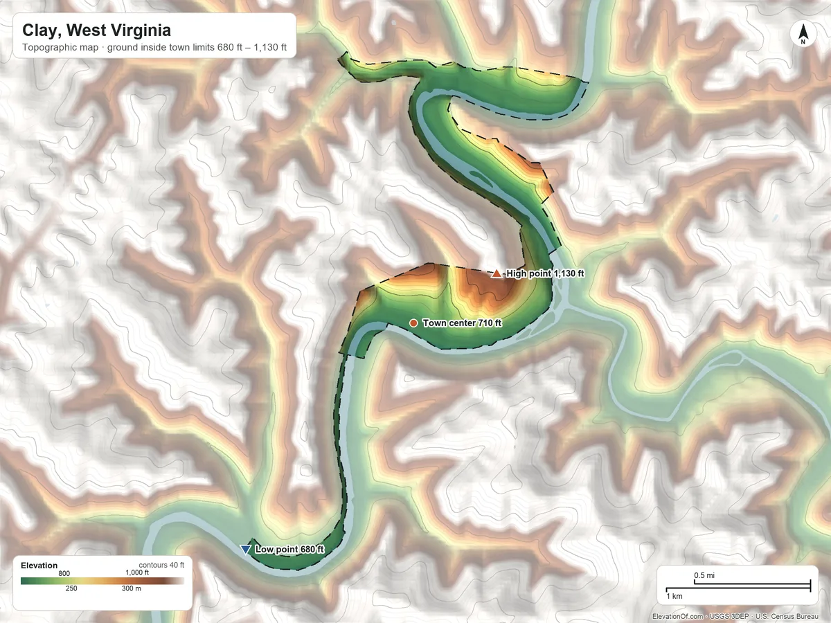 Topographic elevation map of Clay, West Virginia, shaded from 680 ft on the southwest side to 1,130 ft on the northeast edge, below higher ground just outside