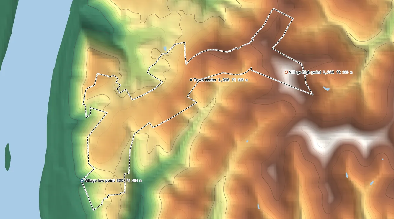 Topographic elevation map of Clearview, West Virginia, shaded from 800 ft on the southwest side to 1,300 ft on the east side