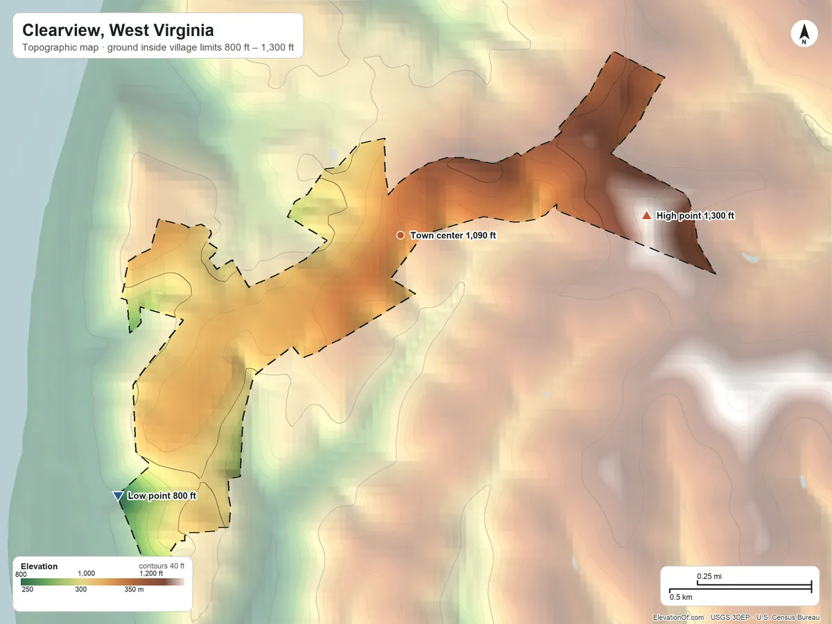 Topographic elevation map of Clearview, West Virginia, shaded from 800 ft on the southwest side to 1,300 ft on the east side