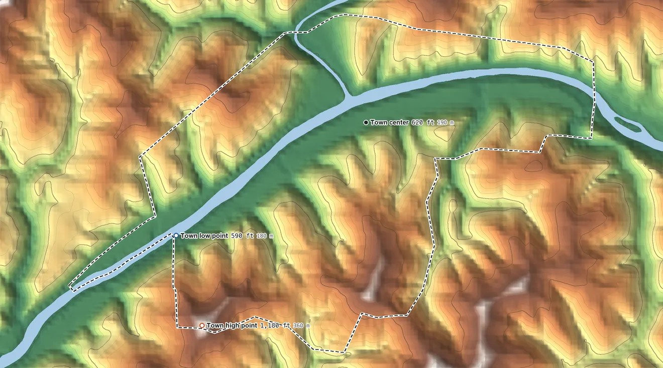 Topographic elevation map of Clendenin, West Virginia, shaded from 590 ft on the southwest side to 1,180 ft on the southwest side