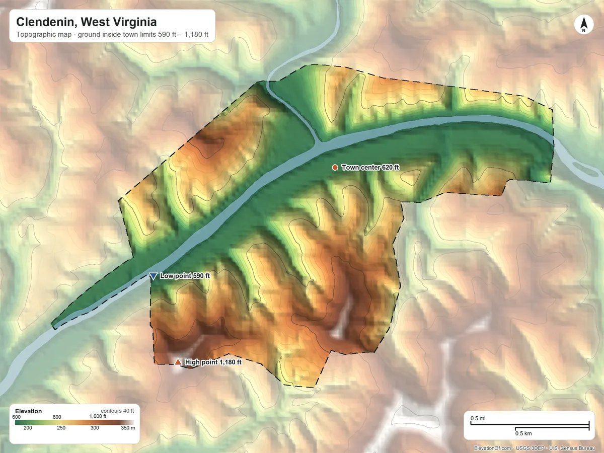 Topographic elevation map of Clendenin, West Virginia, shaded from 590 ft on the southwest side to 1,180 ft on the southwest side