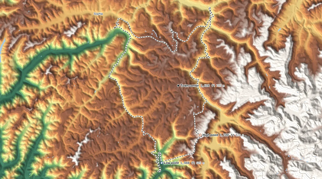 Topographic elevation map of Coal City, West Virginia, shaded from 1,980 ft on the south side to 2,700 ft at the foot of the Guyandotte Mountain