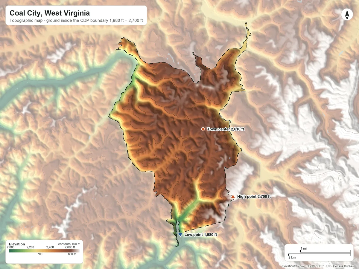 Topographic elevation map of Coal City, West Virginia, shaded from 1,980 ft on the south side to 2,700 ft at the foot of the Guyandotte Mountain