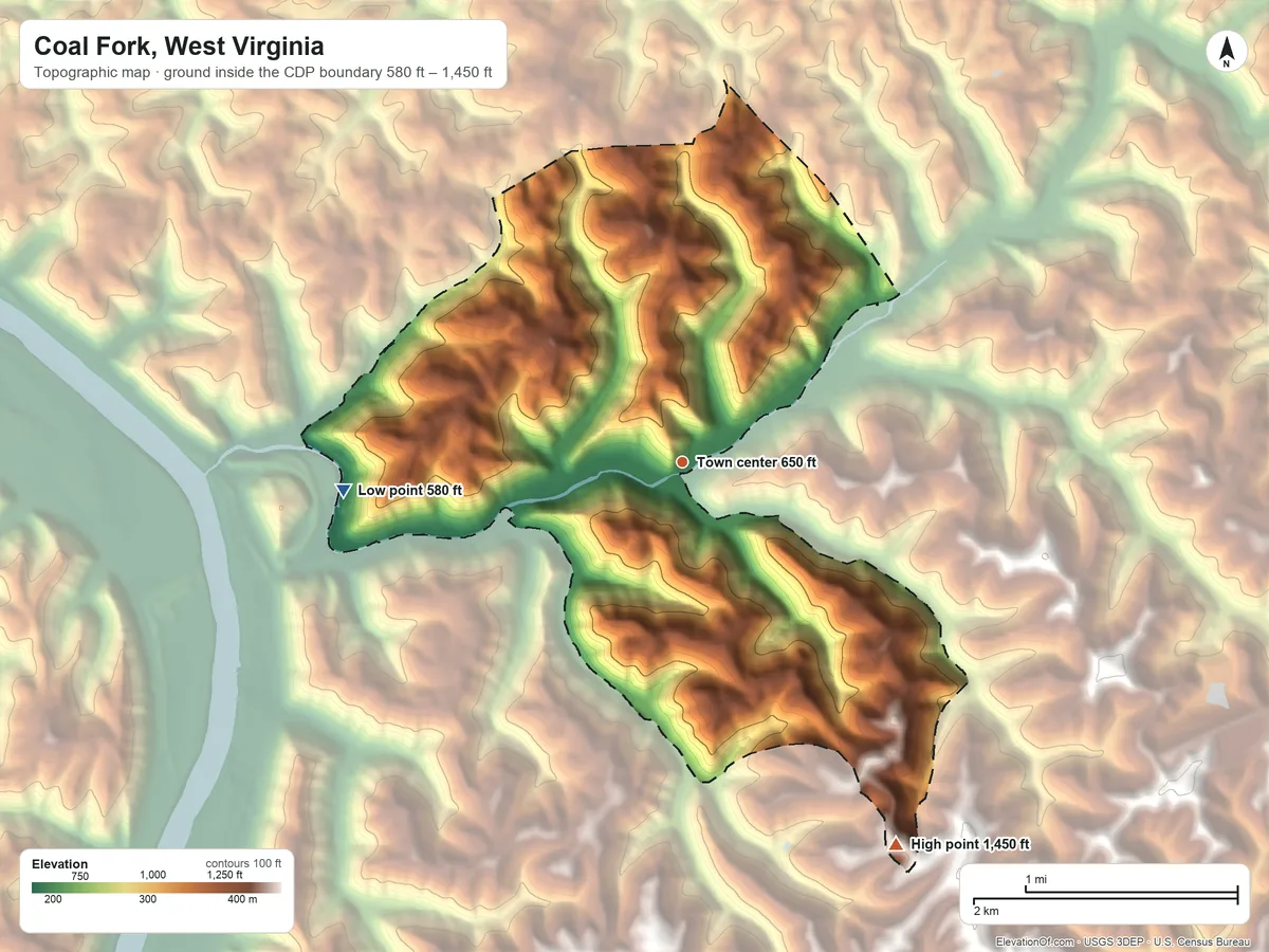 Topographic elevation map of Coal Fork, West Virginia, shaded from 580 ft on the west side to 1,450 ft on the southeast side