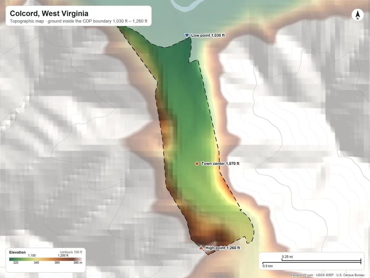 Topographic elevation map of Colcord, West Virginia, shaded from 1,030 ft on the north side to 1,260 ft on the south edge, below higher ground just outside