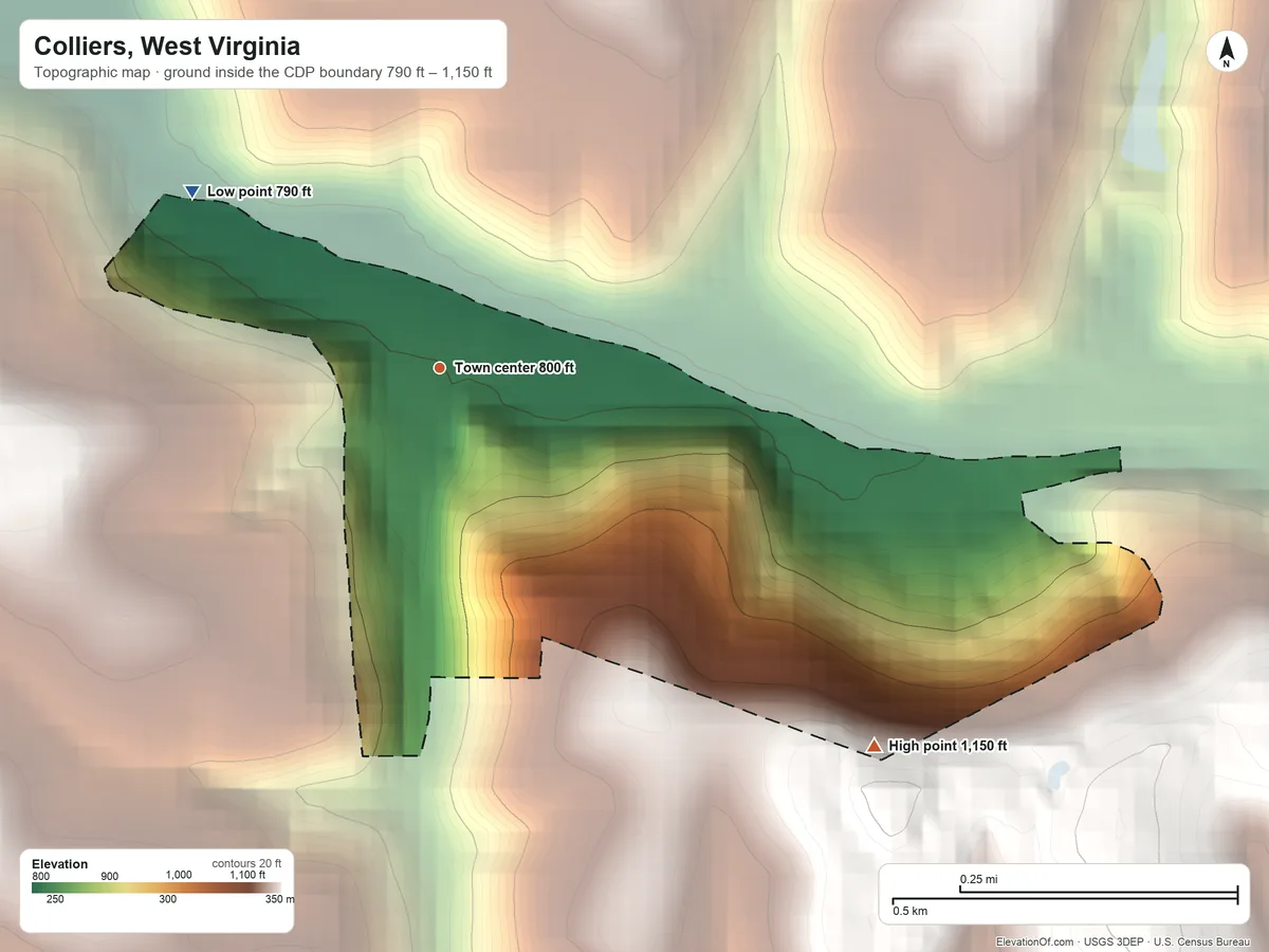 Topographic elevation map of Colliers, West Virginia, shaded from 790 ft on the northwest side to 1,150 ft on the southeast side