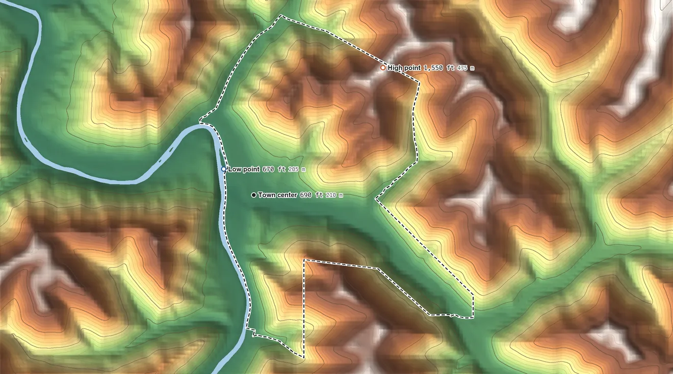 Topographic elevation map of Comfort, West Virginia, shaded from 670 ft near the middle to 1,550 ft on the northeast side