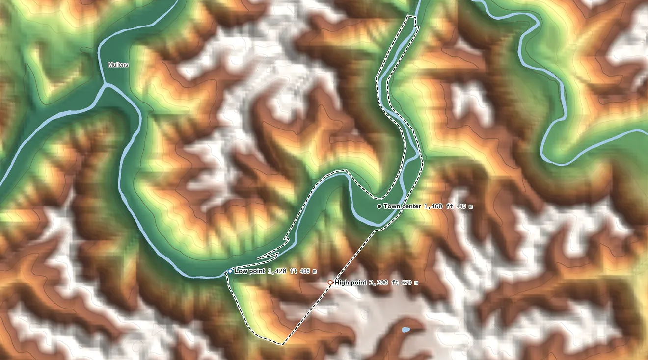 Topographic elevation map of Corinne, West Virginia, shaded from 1,420 ft on the southwest side to 2,200 ft on the southwest side