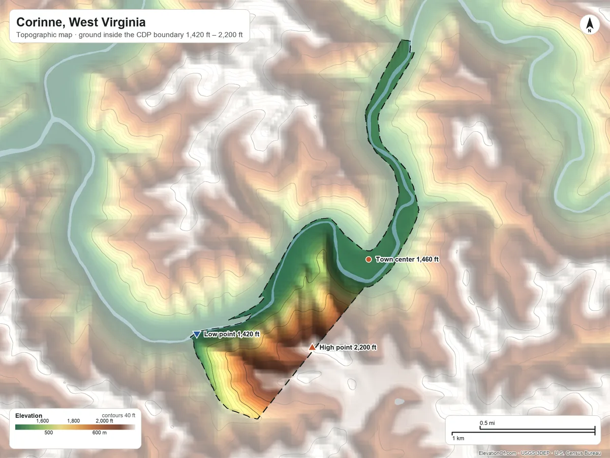 Topographic elevation map of Corinne, West Virginia, shaded from 1,420 ft on the southwest side to 2,200 ft on the southwest side
