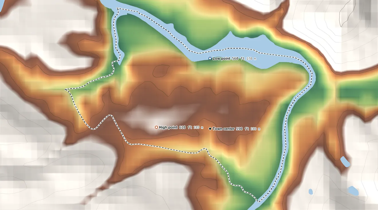 Topographic elevation map of Cottageville, West Virginia, shaded from 560 ft on the north side to 610 ft on the west side