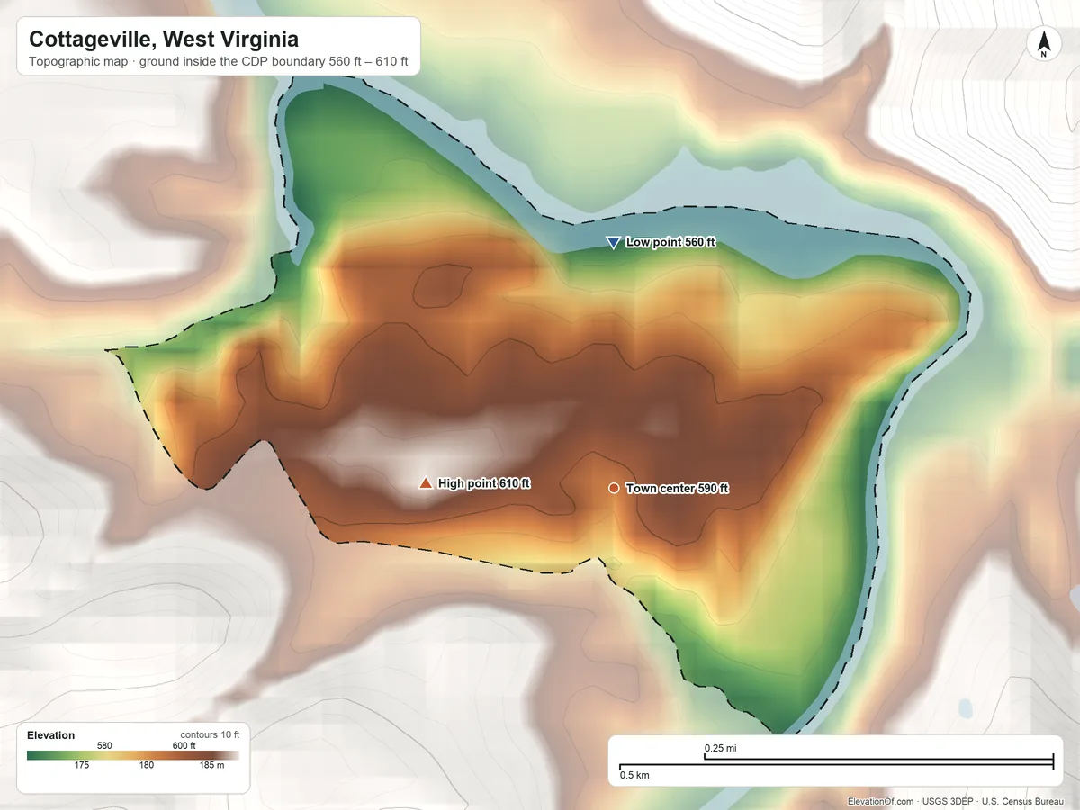 Topographic elevation map of Cottageville, West Virginia, shaded from 560 ft on the north side to 610 ft on the west side