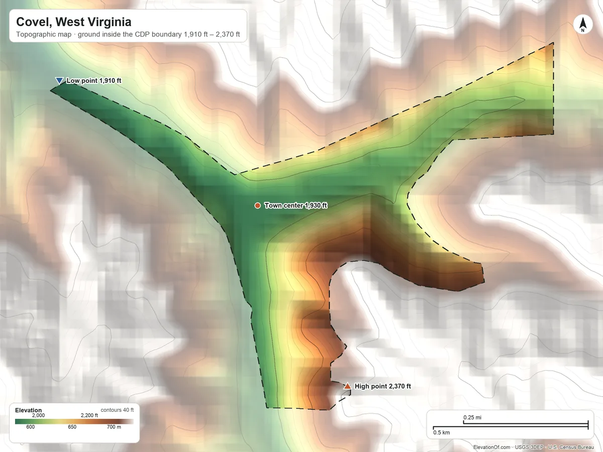 Topographic elevation map of Covel, West Virginia, shaded from 1,910 ft on the northwest side to 2,370 ft on the southeast edge, below higher ground just outside