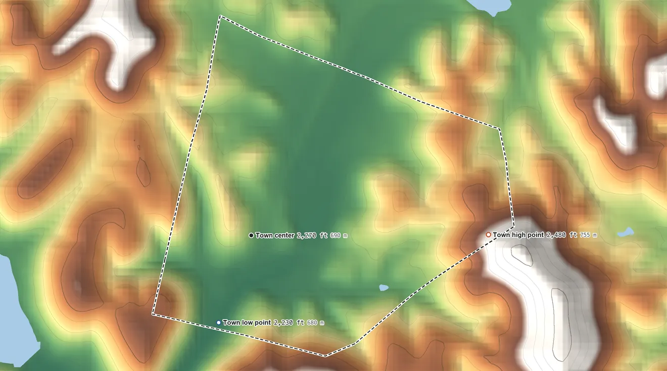 Topographic elevation map of Cowen, West Virginia, shaded from 2,230 ft on the south side to 2,480 ft on the east side