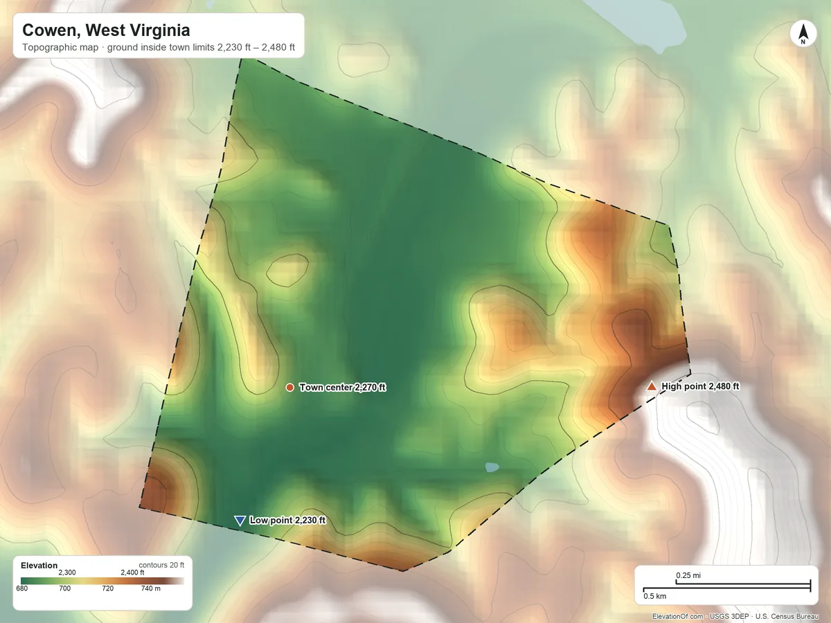 Topographic elevation map of Cowen, West Virginia, shaded from 2,230 ft on the south side to 2,480 ft on the east side