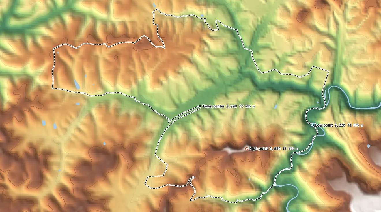 Topographic elevation map of Crab Orchard, West Virginia, shaded from 2,220 ft on the east side to 2,650 ft on the southeast side