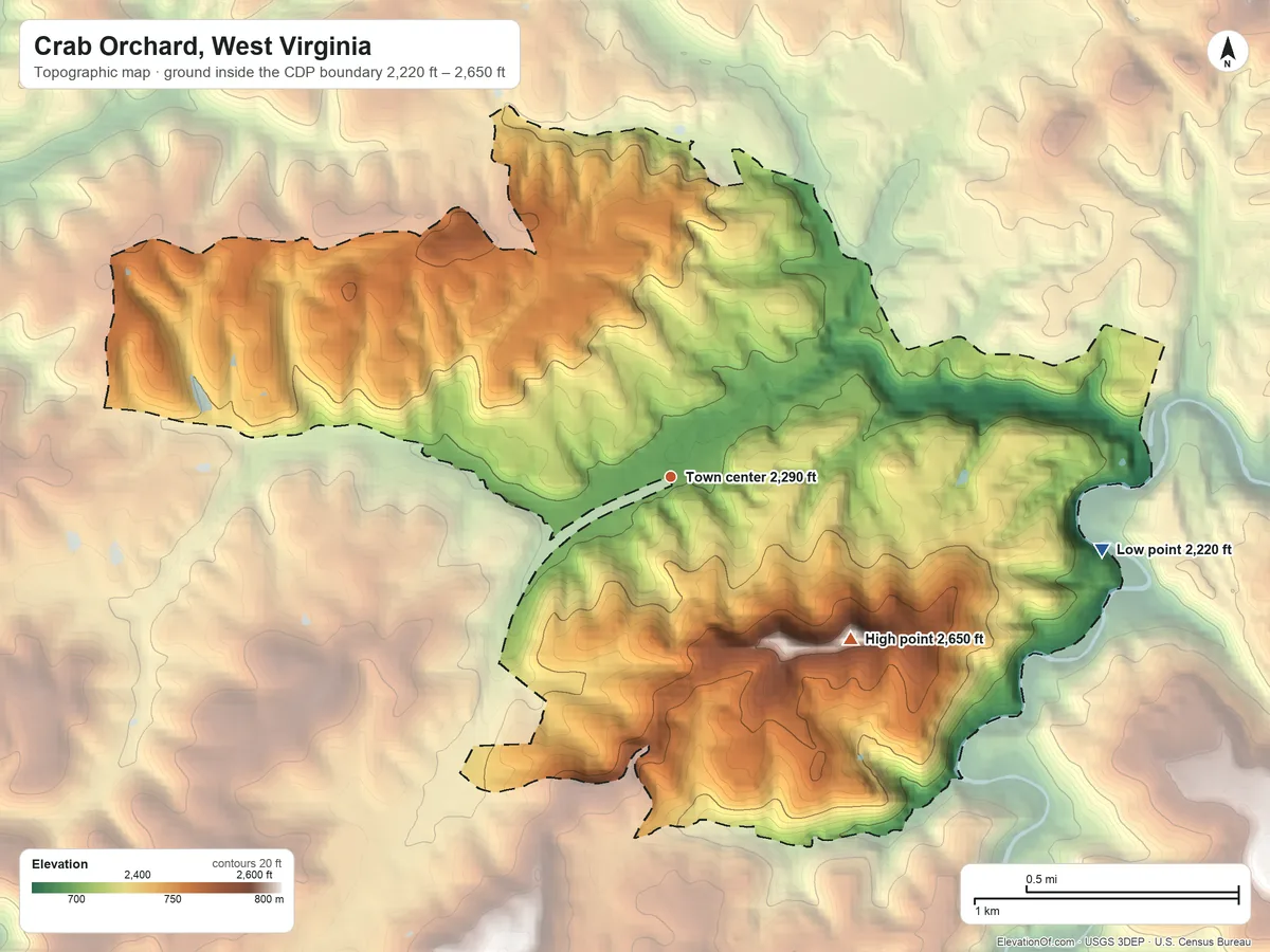 Topographic elevation map of Crab Orchard, West Virginia, shaded from 2,220 ft on the east side to 2,650 ft on the southeast side