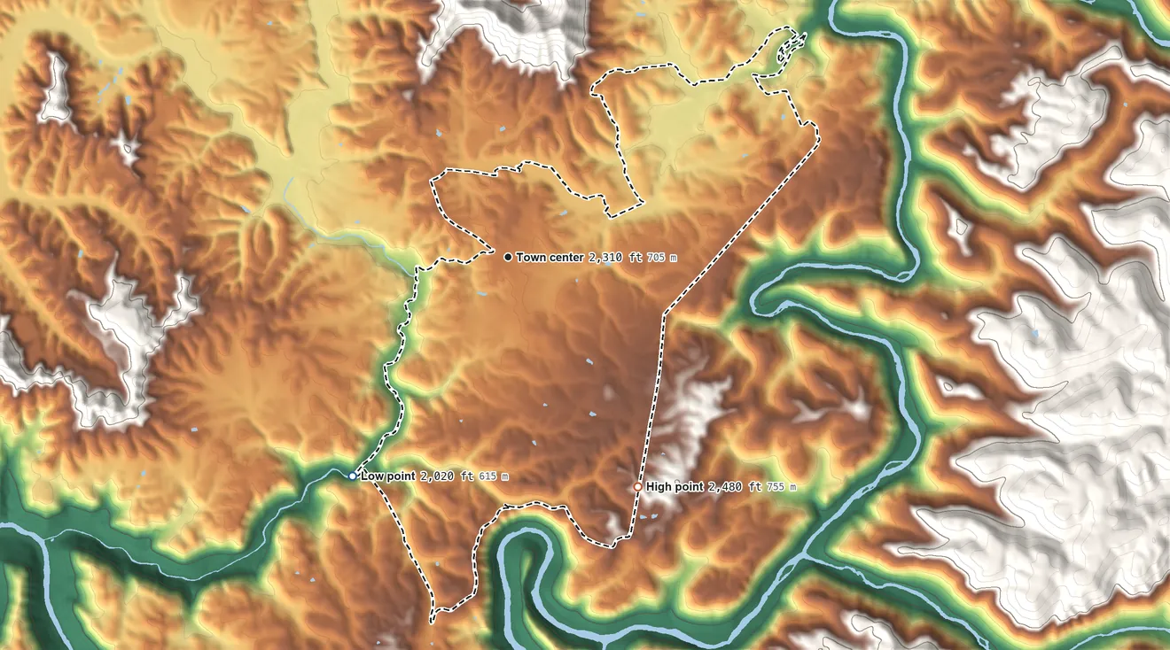 Topographic elevation map of Craigsville, West Virginia, shaded from 2,020 ft on the southwest side to 2,480 ft on the southeast side