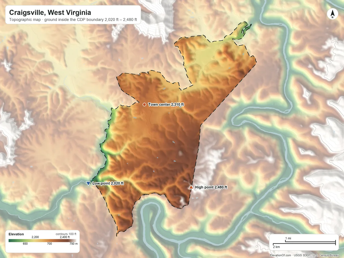 Topographic elevation map of Craigsville, West Virginia, shaded from 2,020 ft on the southwest side to 2,480 ft on the southeast side