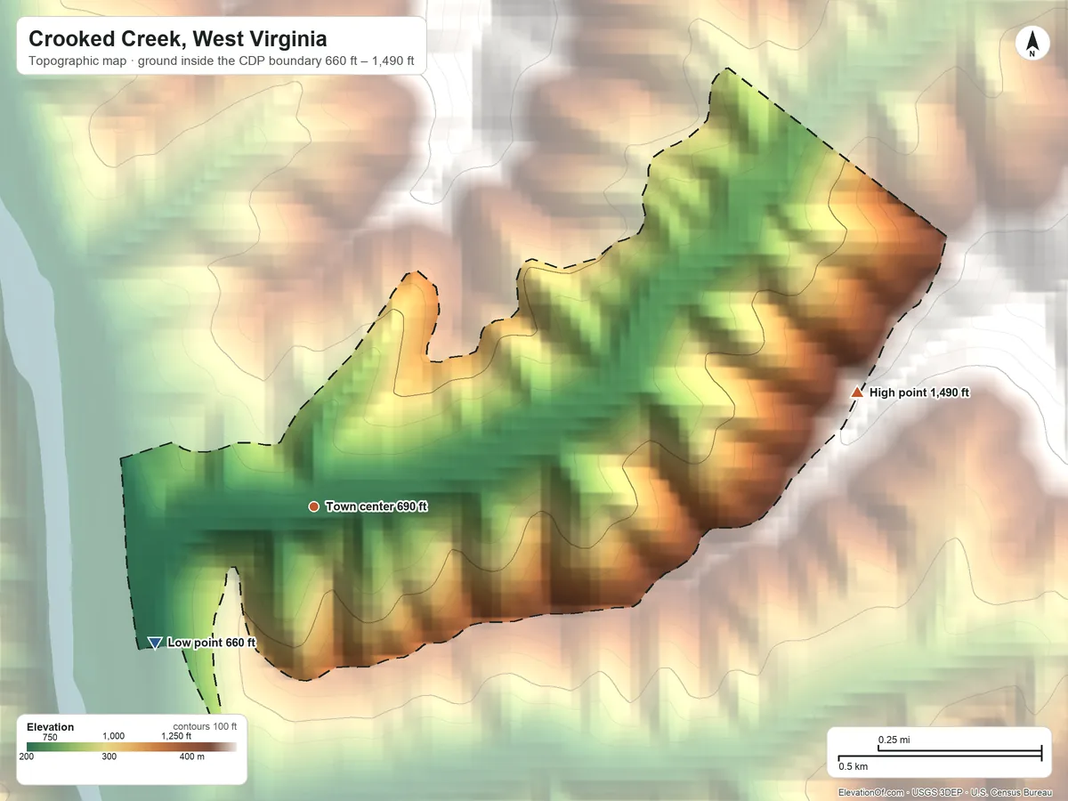 Topographic elevation map of Crooked Creek, West Virginia, shaded from 660 ft on the southwest side to 1,490 ft on the east edge, below higher ground just outside