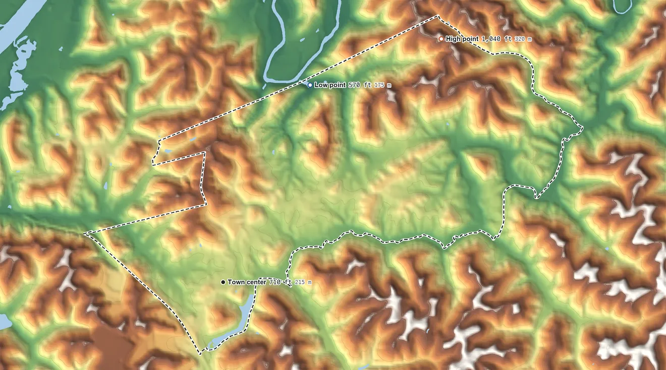Topographic elevation map of Cross Lanes, West Virginia, shaded from 570 ft on the northeast side to 1,040 ft on the northeast side