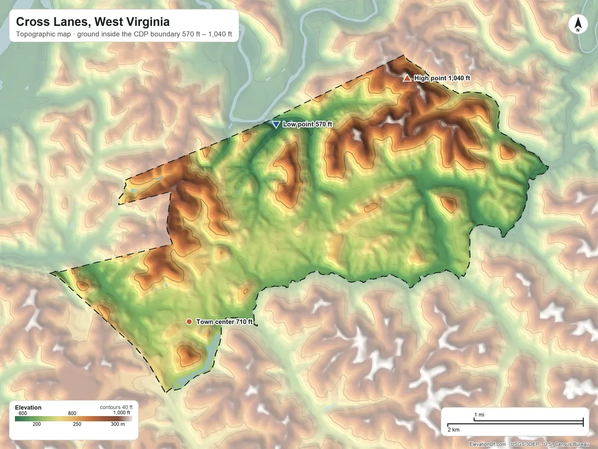 Topographic elevation map of Cross Lanes, West Virginia, shaded from 570 ft on the northeast side to 1,040 ft on the northeast side