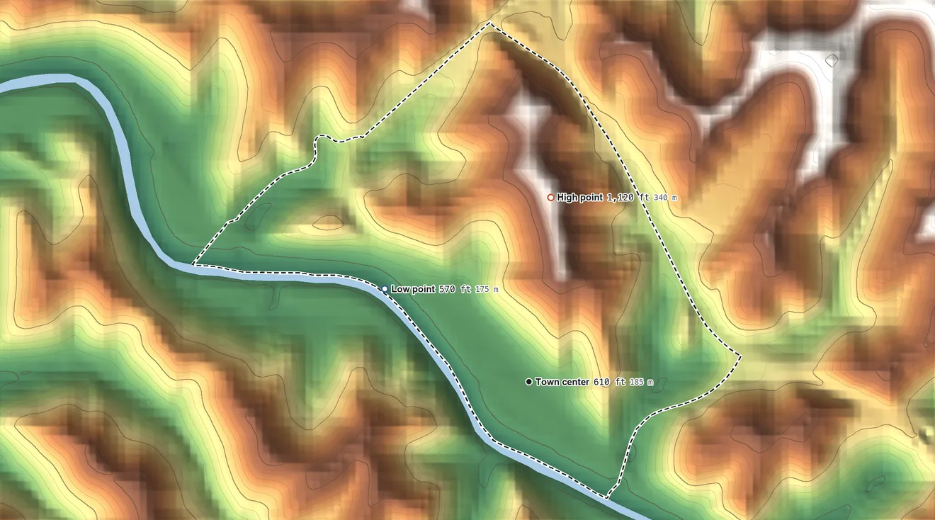 Topographic elevation map of Crum, West Virginia, shaded from 570 ft on the northwest side to 1,120 ft on the north side