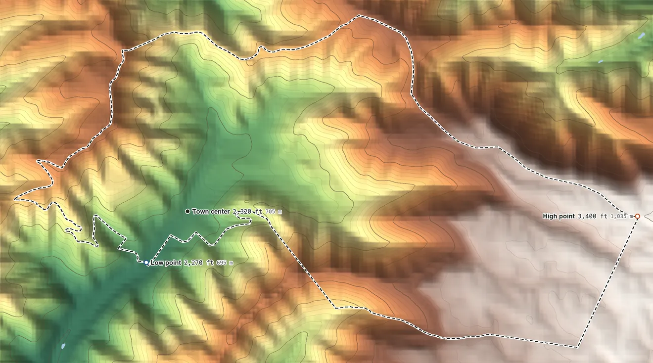 Topographic elevation map of Crumpler, West Virginia, shaded from 2,270 ft near the middle to 3,400 ft on the east side