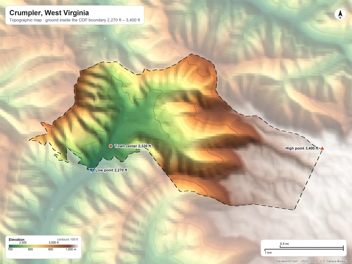 Topographic elevation map of Crumpler, West Virginia, shaded from 2,270 ft near the middle to 3,400 ft on the east side