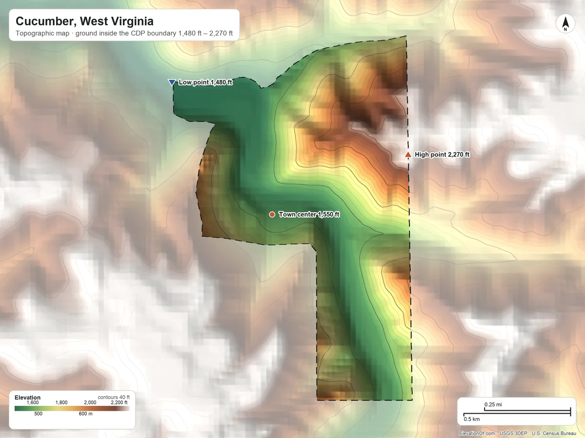 Topographic elevation map of Cucumber, West Virginia, shaded from 1,480 ft on the northwest side to 2,270 ft on the northeast side