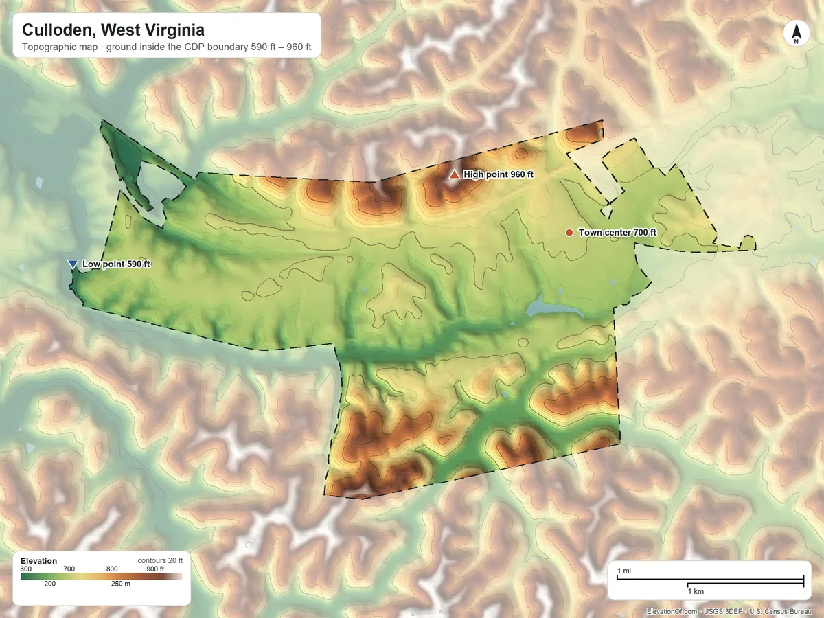 Topographic elevation map of Culloden, West Virginia, shaded from 590 ft on the west side to 960 ft on the northwest side