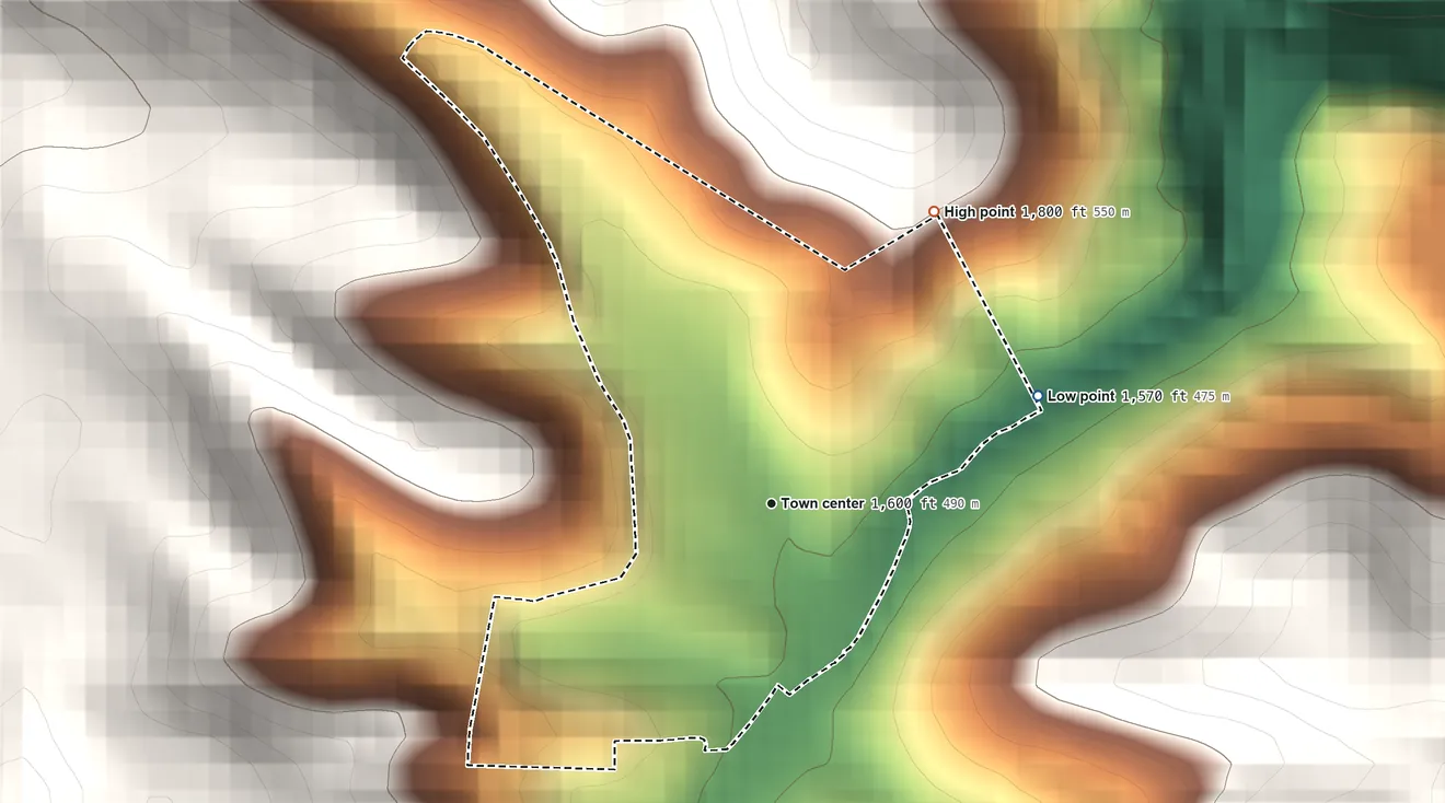 Topographic elevation map of Cunard, West Virginia, shaded from 1,570 ft on the east side to 1,800 ft on the northeast edge, below higher ground just outside