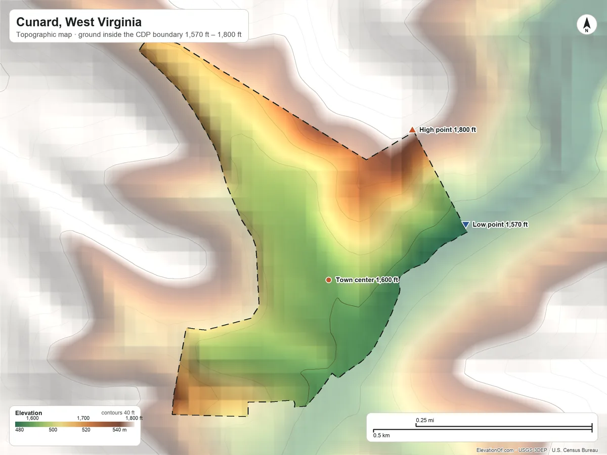 Topographic elevation map of Cunard, West Virginia, shaded from 1,570 ft on the east side to 1,800 ft on the northeast edge, below higher ground just outside