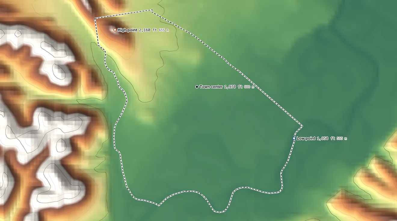 Topographic elevation map of Dailey, West Virginia, shaded from 1,950 ft on the southeast side to 2,160 ft on the northwest edge, below higher ground just outside