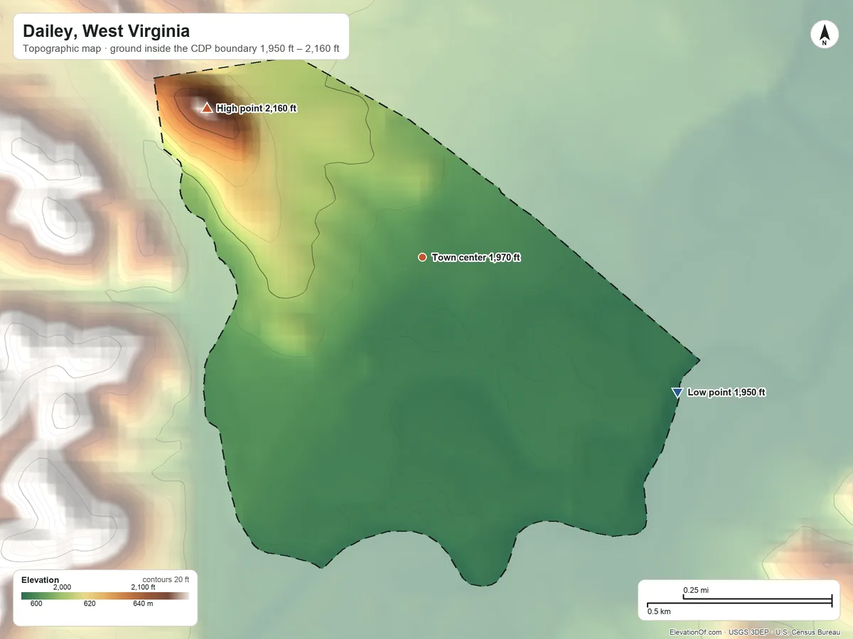 Topographic elevation map of Dailey, West Virginia, shaded from 1,950 ft on the southeast side to 2,160 ft on the northwest edge, below higher ground just outside