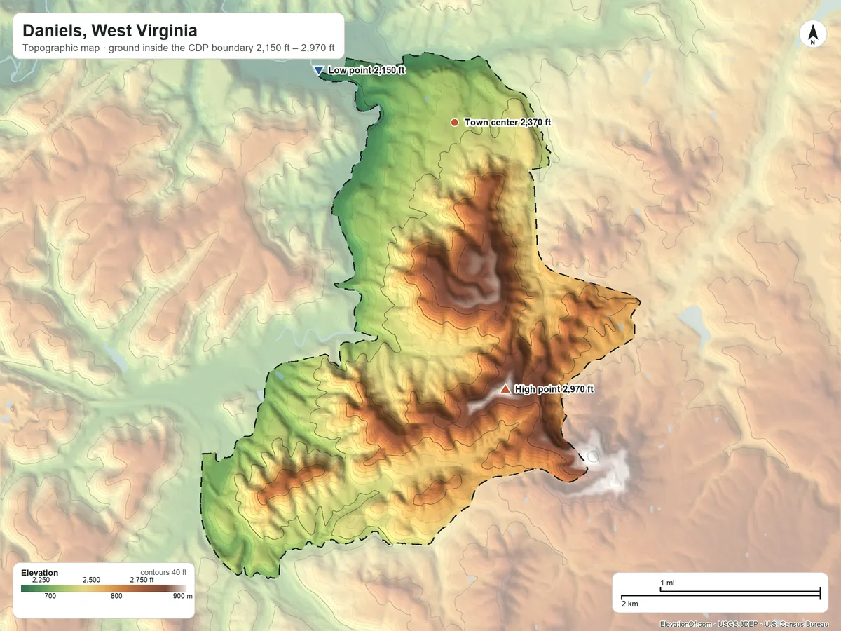 Topographic elevation map of Daniels, West Virginia, shaded from 2,150 ft on the west side to 2,970 ft on the south side