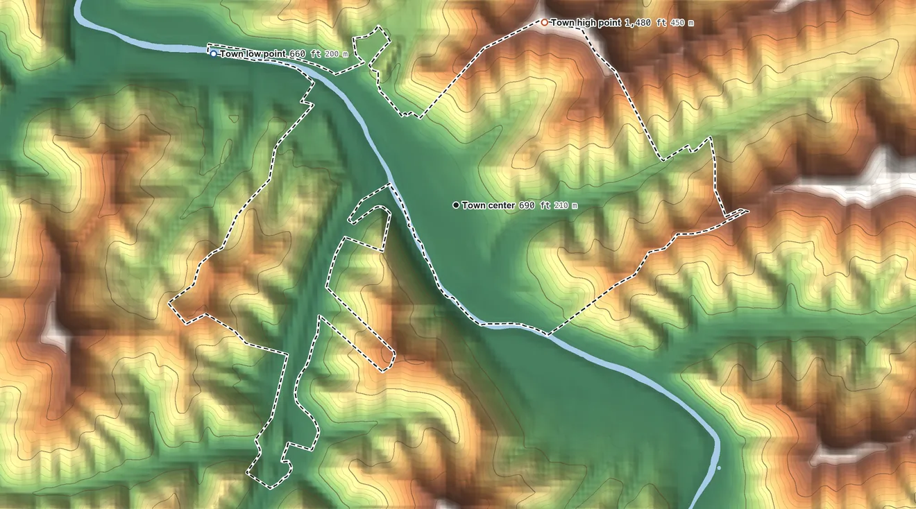 Topographic elevation map of Danville, West Virginia, shaded from 660 ft on the northwest side to 1,480 ft on the northeast side