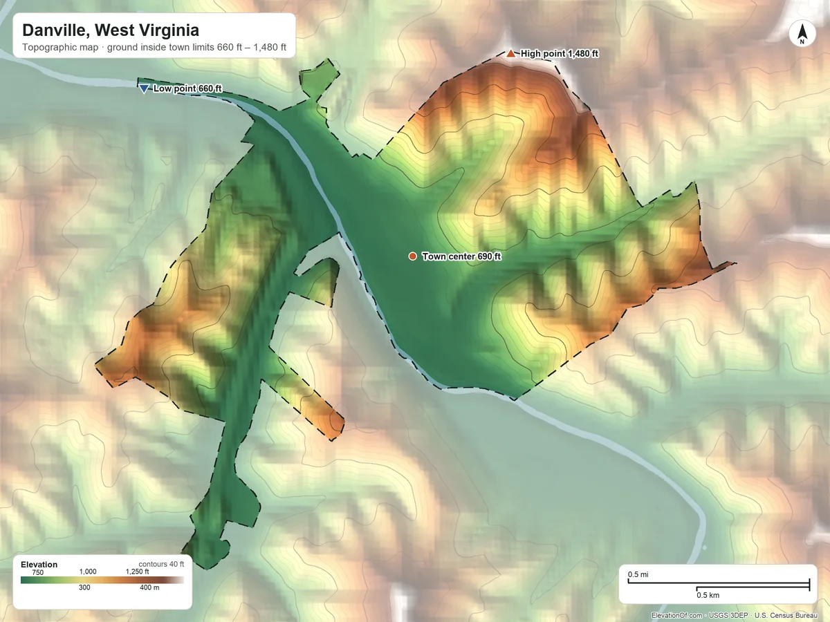 Topographic elevation map of Danville, West Virginia, shaded from 660 ft on the northwest side to 1,480 ft on the northeast side