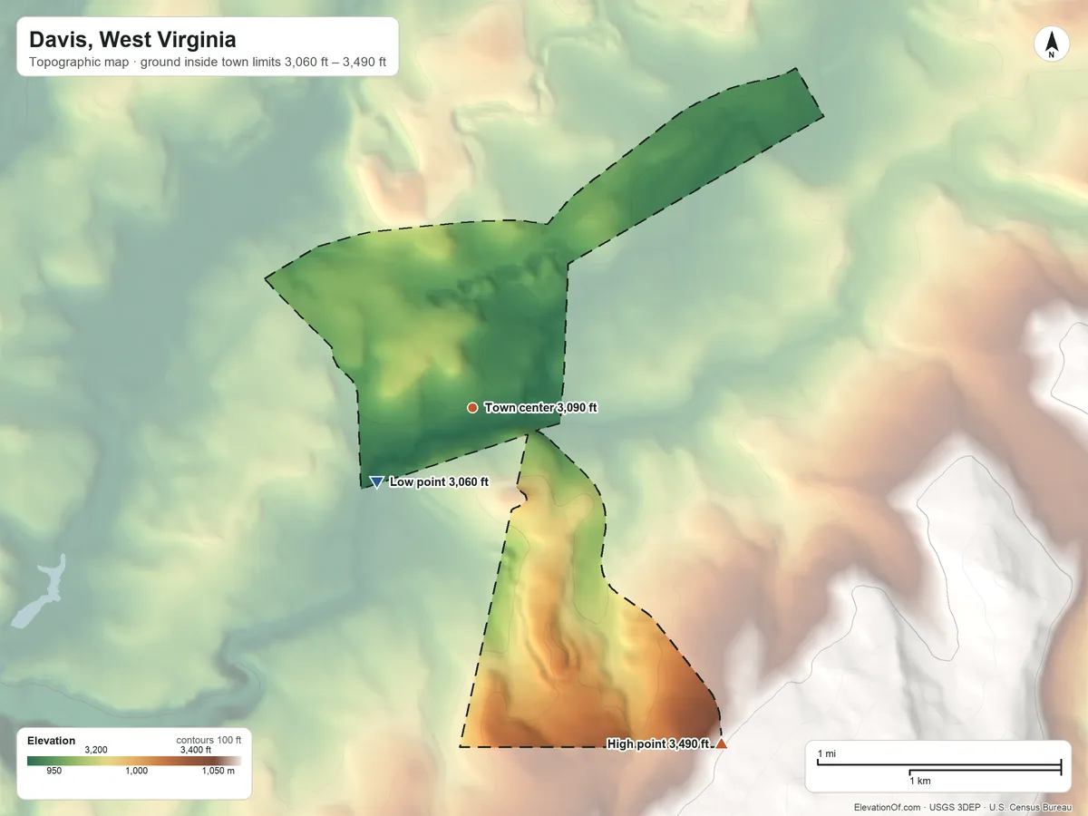 Topographic elevation map of Davis, West Virginia, shaded from 3,060 ft on the southwest side to 3,490 ft at the foot of the Backbone Mountain