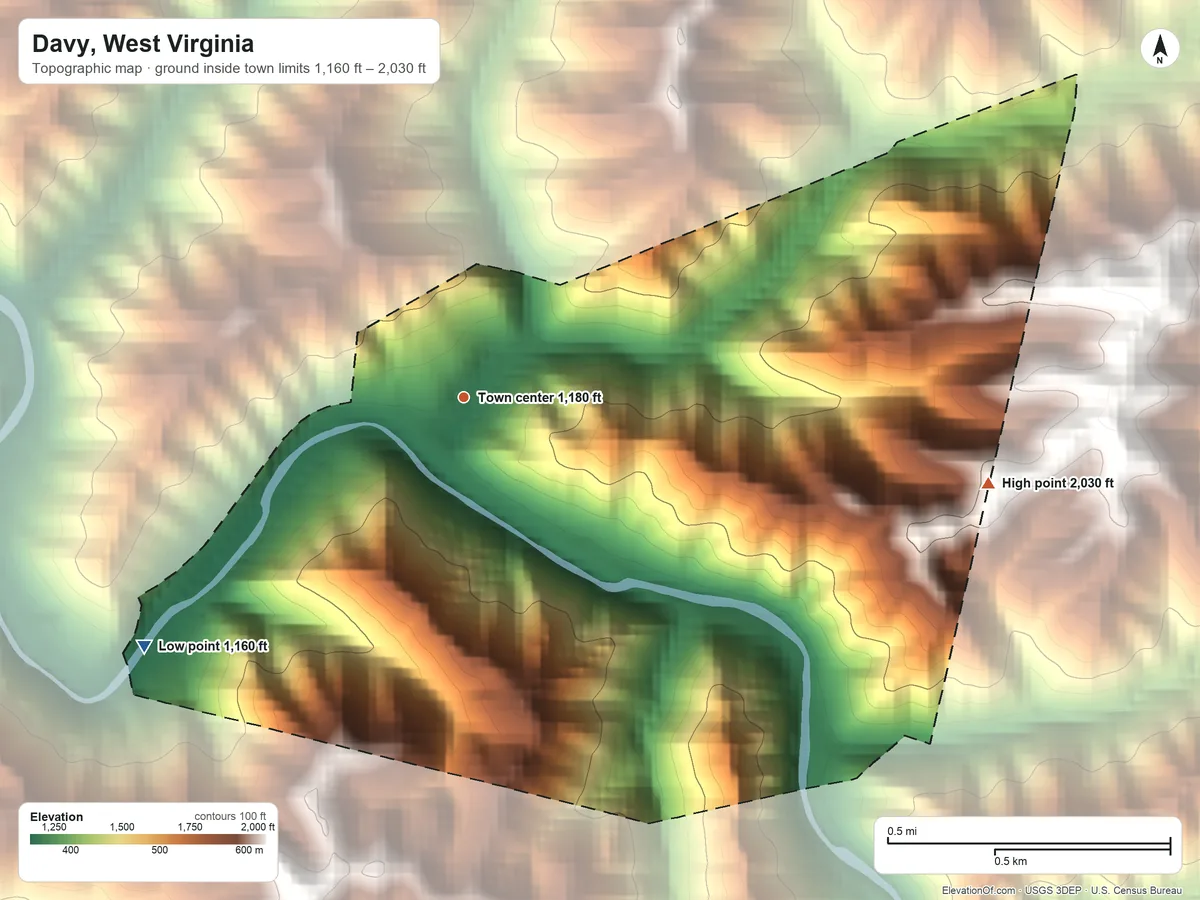 Topographic elevation map of Davy, West Virginia, shaded from 1,160 ft on the southwest side to 2,030 ft on the east side
