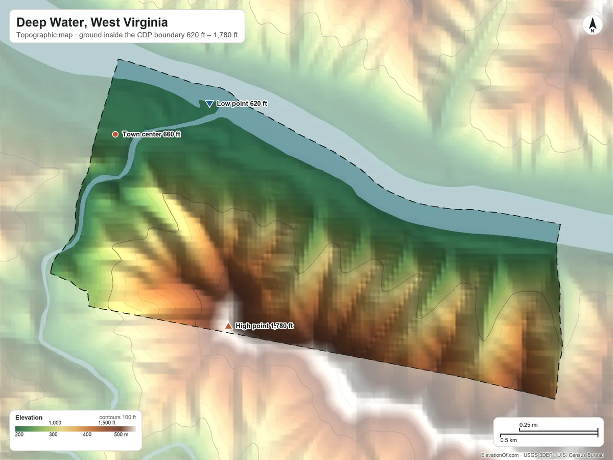 Topographic elevation map of Deep Water, West Virginia, shaded from 620 ft on the east side to 1,780 ft on the southeast edge, below higher ground just outside